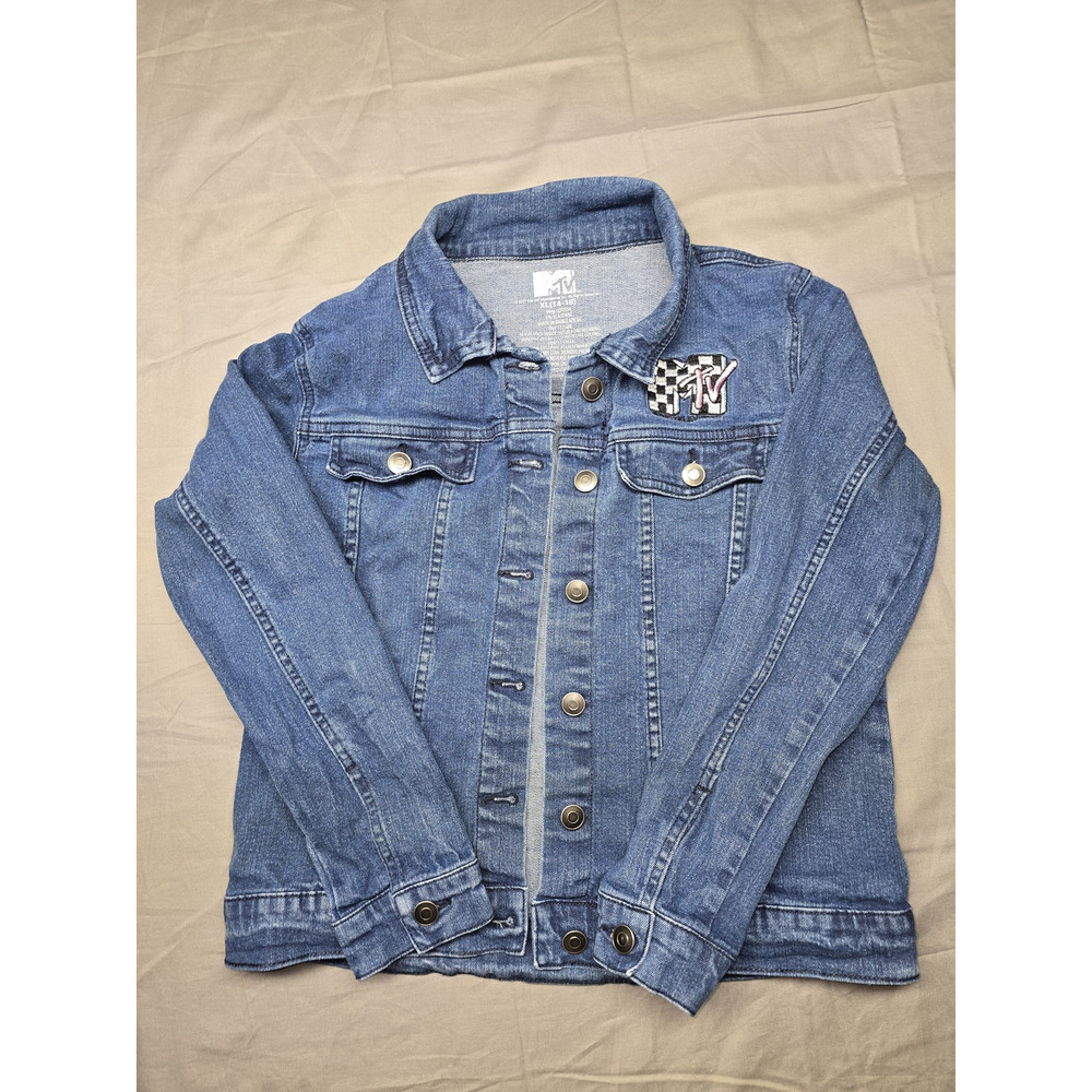 MTV Denim Jacket Youth XL 14-16 Checkerboard Patch Music Television Retro 2000s